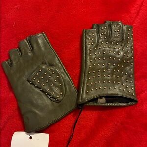 Studded Leather Fingerless Gloves by Karl Lagerfeld in Olive